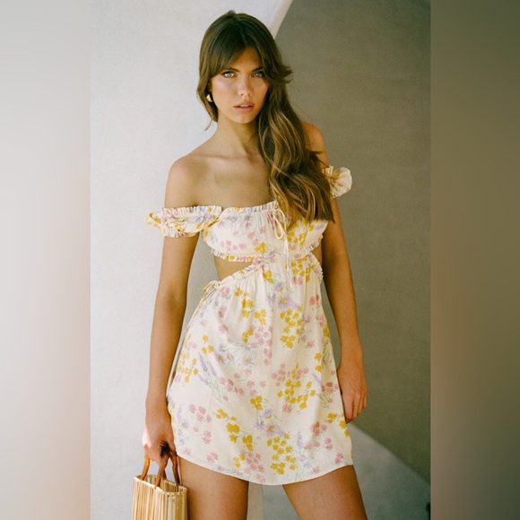 Sabo Skirt Lashara Yellow Crepe Milkmaid Floral Mini Dress coquette romantic - Picture 3 of 12